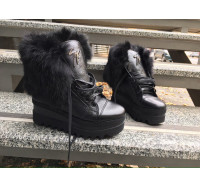 Ботинки зимние женские кожаные на платформе марсала/черные 0005АВКМ