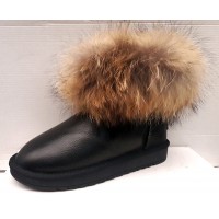 НЕТ В НАЛИЧИИ Угги женские натуральная кожа черные с натуральной меховой опушкой 0388КФМ