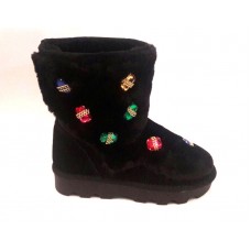 Угги женские с камнями замшевые/плюш черные 0479КФМ