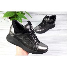 Женские кроссовки кожаные/замшевые черно-серебристые 0067КОМ
