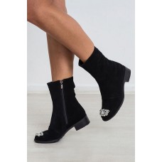 Женские ботинки с камнями зимние/демисезонные замша черные 0008БММ