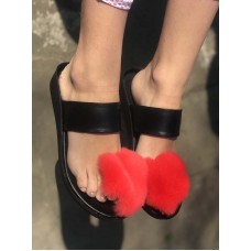 Шлепки черные женские летние кожа/мех кролика 0035СЗ