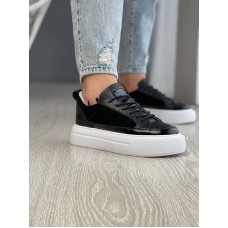 Модные женские кроссовки кожаные черные 0207КОР