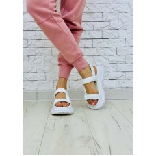 Кожаные босоножки женские без каблука черные, пудра и белые 3004БНМ