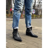 Ботинки-казаки мужские зимние кожа, натуральный мех черные 0035БМ